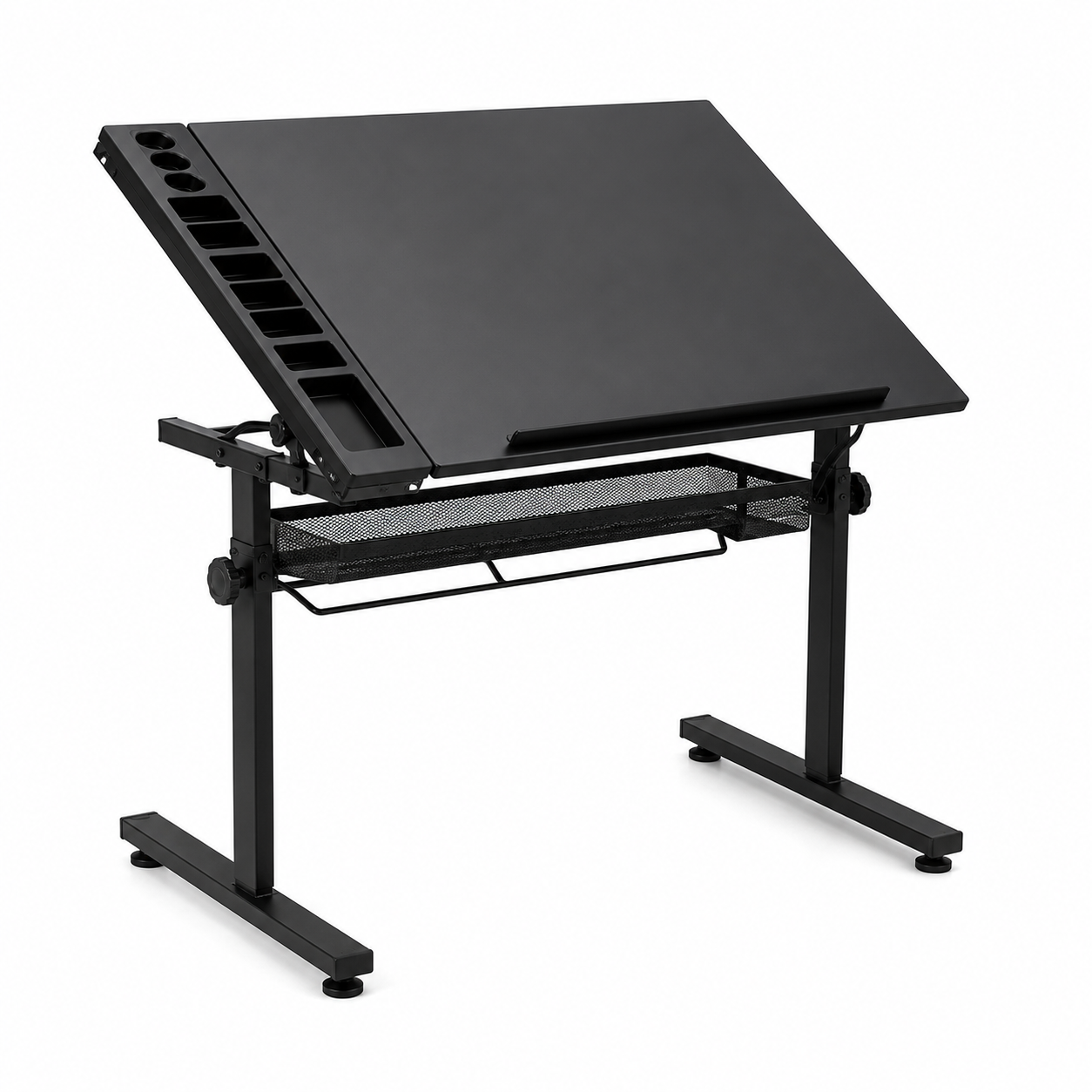 Table à dessin inclinable et réglable en hauteur 90 × 60 cm | Bureau de dessin en métal noir avec rangements intégrés et panier de stockage