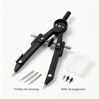 Compas de dessin technique professionnel en métal noir, kit avec pointes de rechange et boîte de rangement