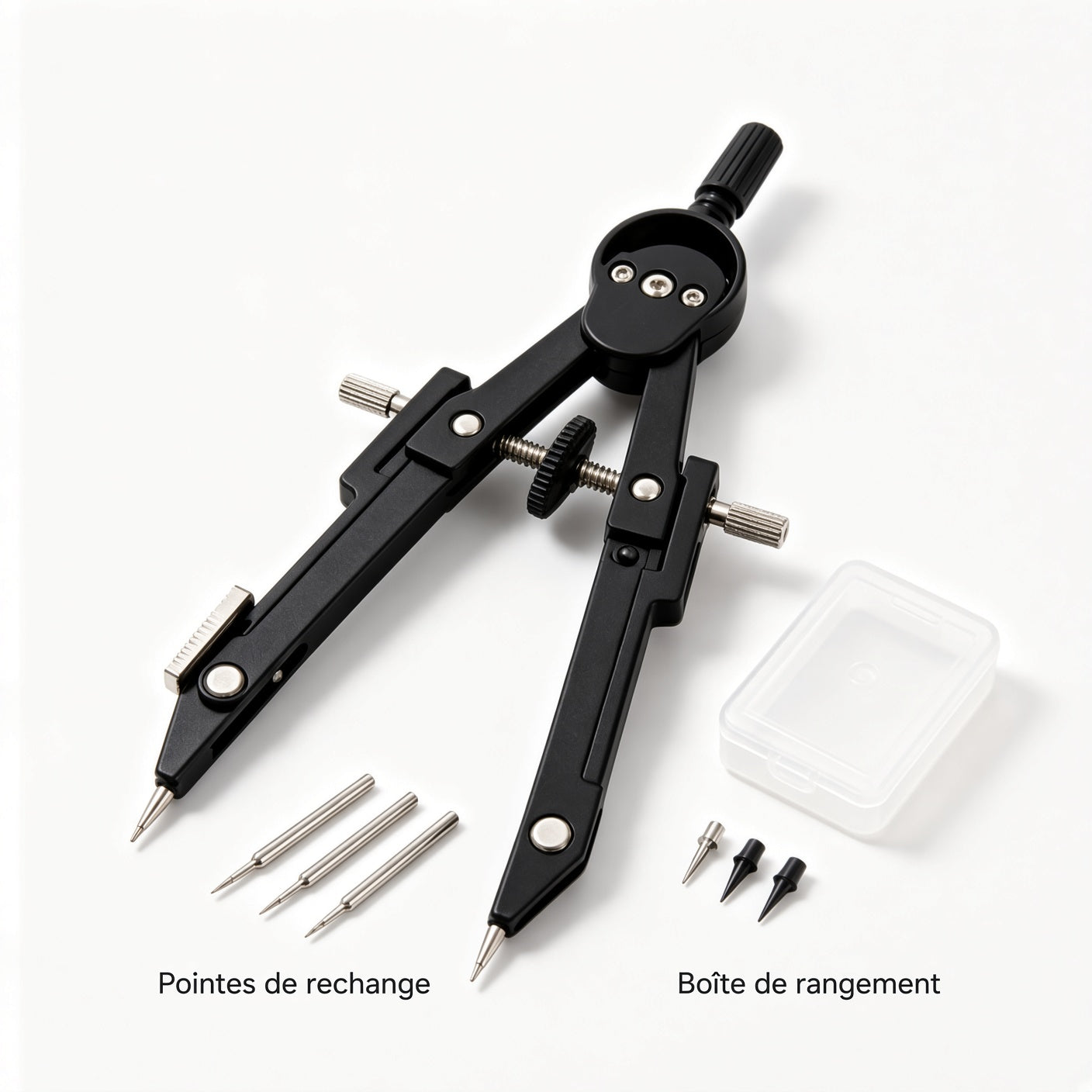 Compas de dessin technique professionnel en métal noir, kit avec pointes de rechange et boîte de rangement