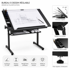 Table à dessin inclinable et réglable en hauteur 90 × 60 cm | Bureau de dessin en métal noir avec rangements intégrés et panier de stockage