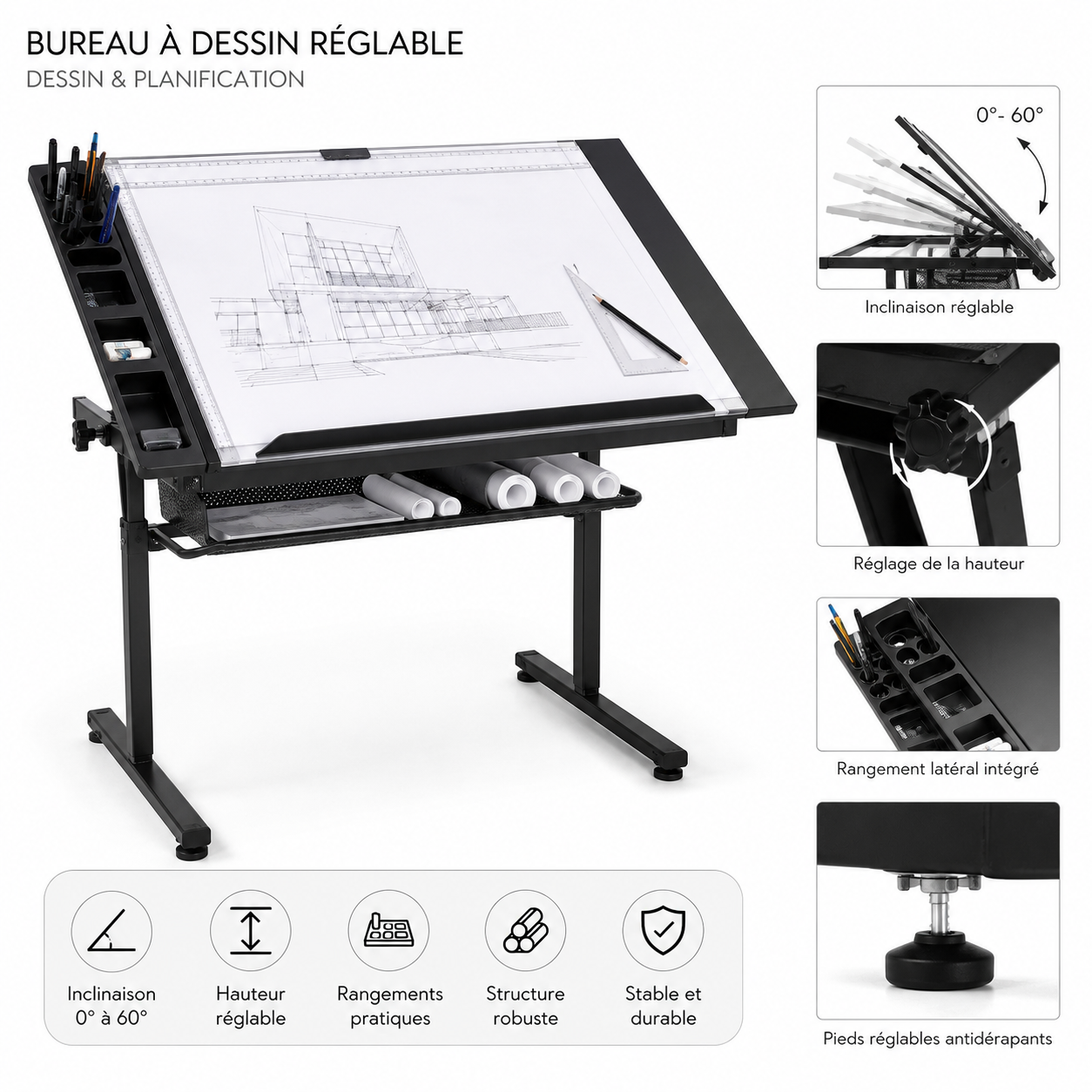 Table à dessin inclinable et réglable en hauteur 90 × 60 cm | Bureau de dessin en métal noir avec rangements intégrés et panier de stockage