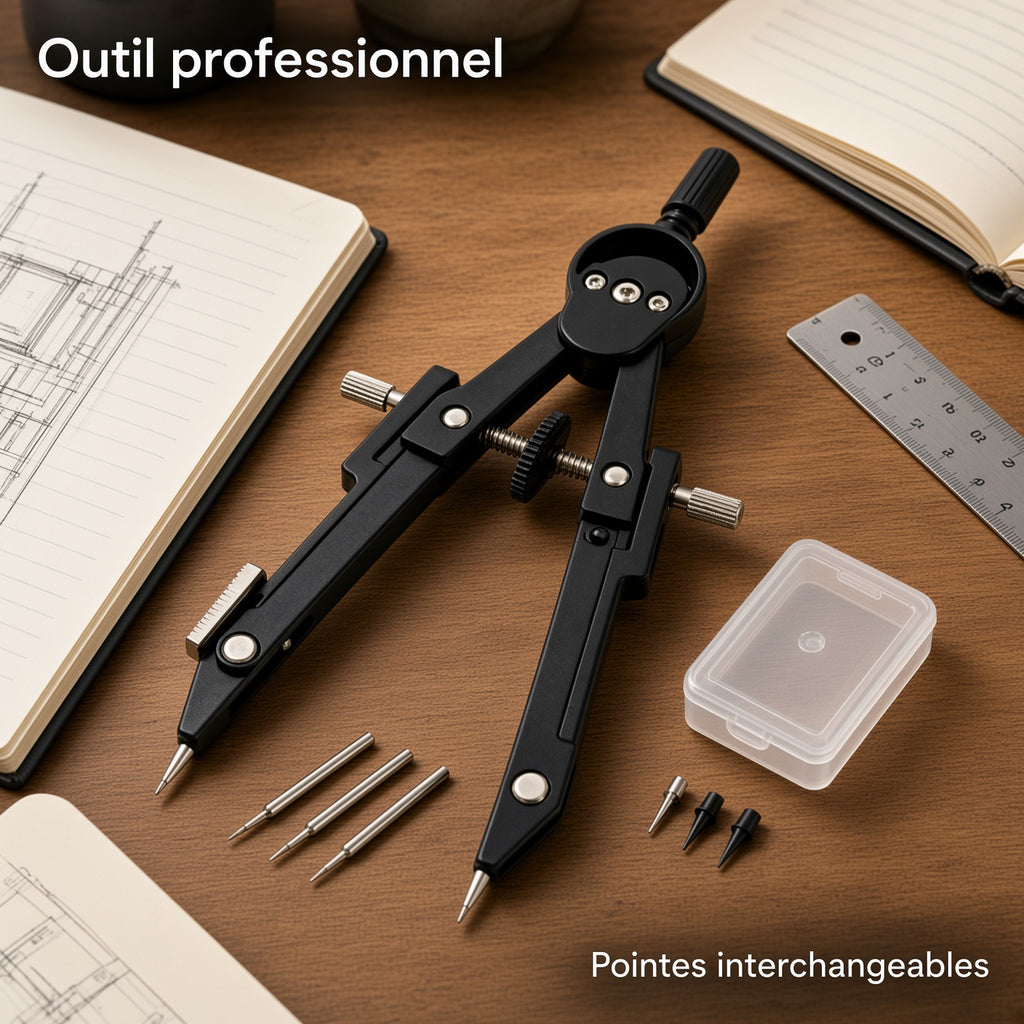 Compas de dessin technique professionnel en métal noir, kit avec pointes de rechange et boîte de rangement