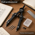 Compas de dessin technique professionnel en métal noir, kit avec pointes de rechange et boîte de rangement