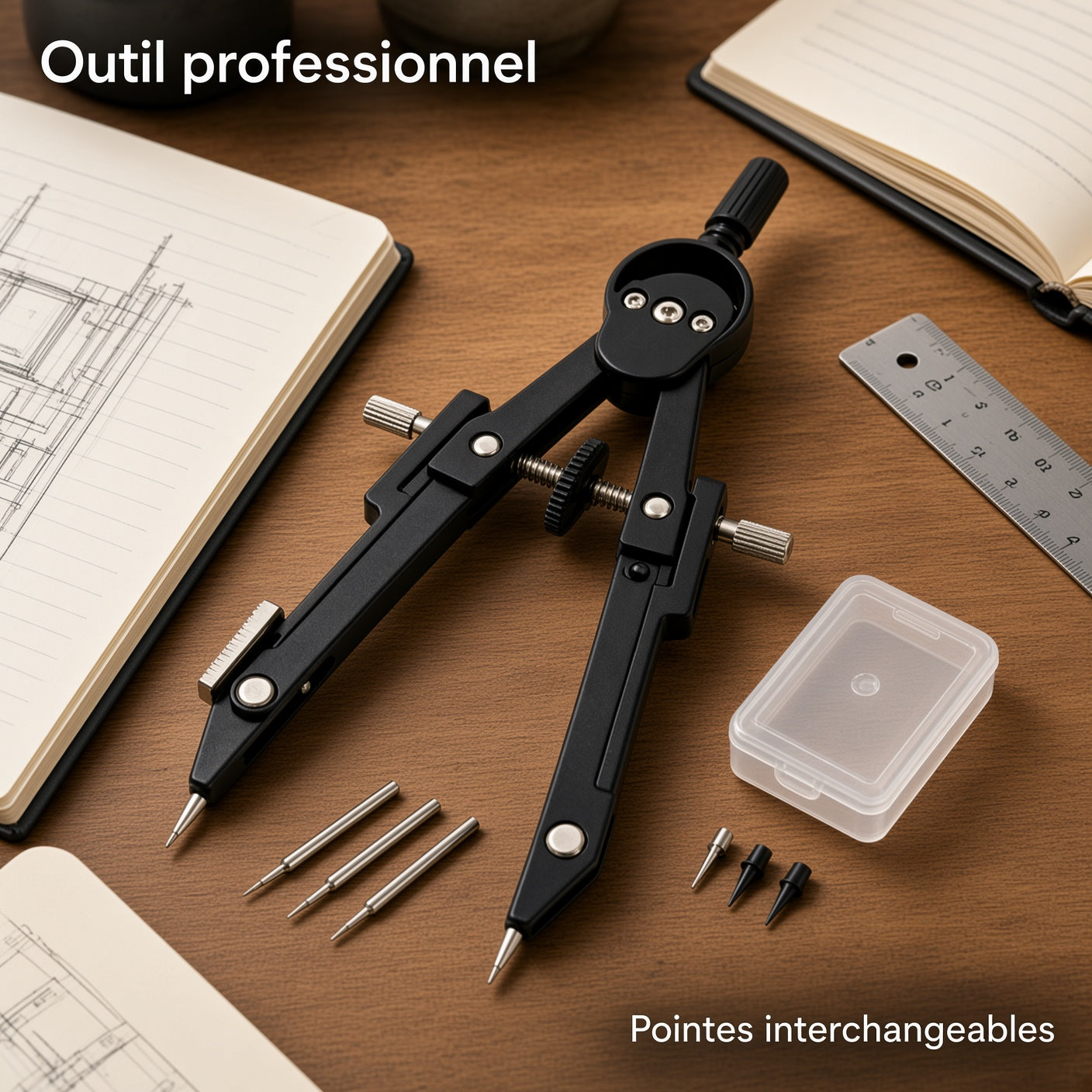Compas de dessin technique professionnel en métal noir, kit avec pointes de rechange et boîte de rangement