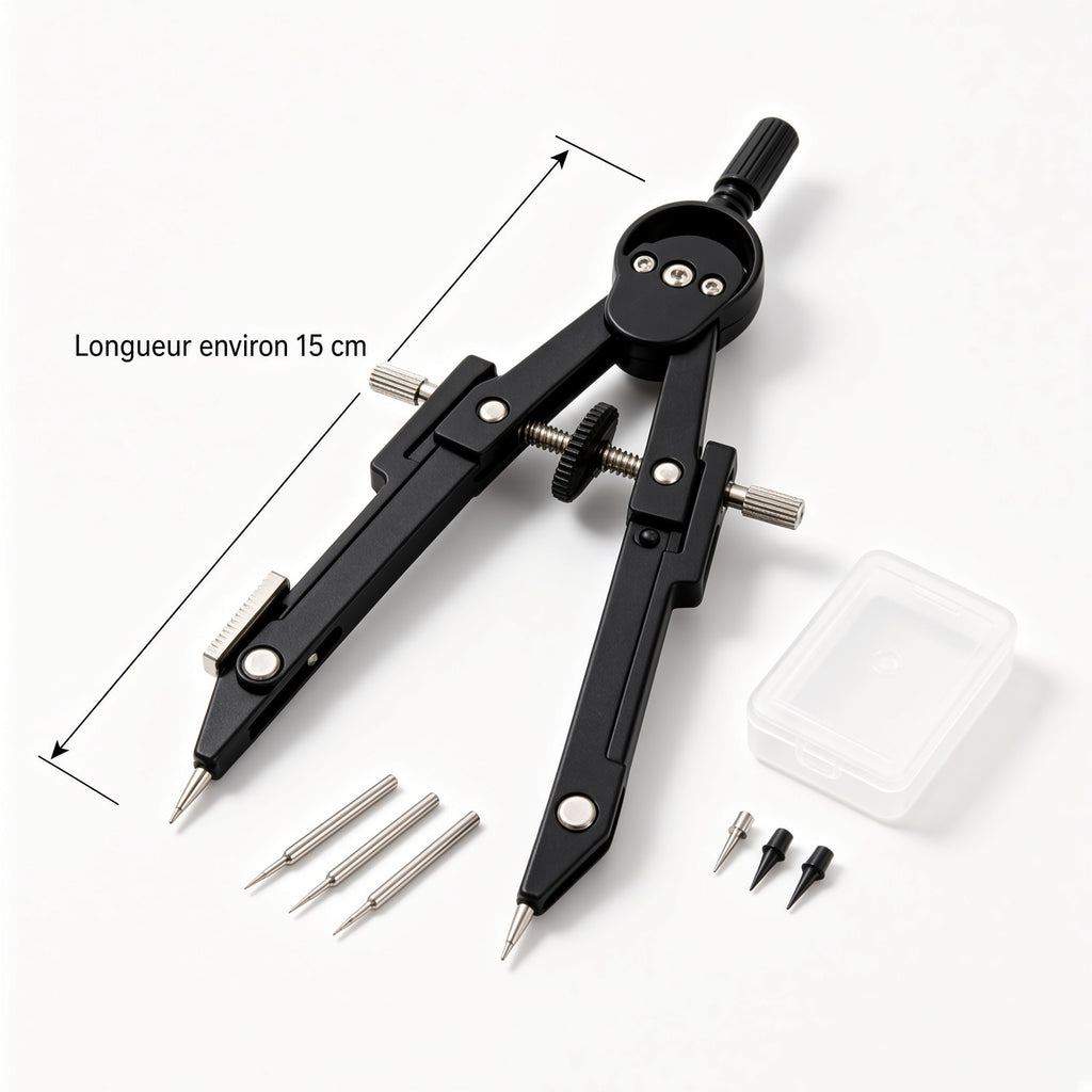 Compas de dessin technique professionnel en métal noir, kit avec pointes de rechange et boîte de rangement