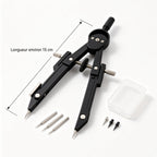 Compas de dessin technique professionnel en métal noir, kit avec pointes de rechange et boîte de rangement
