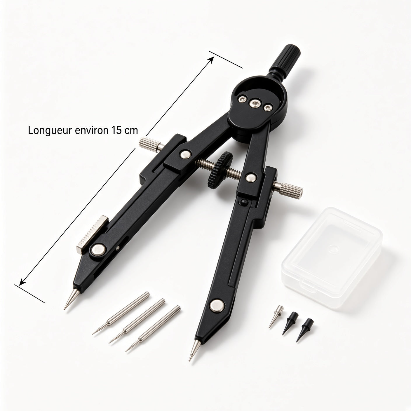 Compas de dessin technique professionnel en métal noir, kit avec pointes de rechange et boîte de rangement