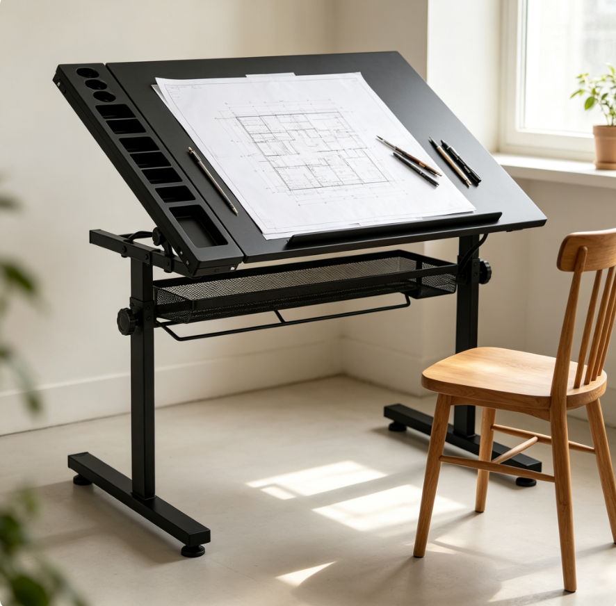 Table à dessin inclinable et réglable en hauteur 90 × 60 cm | Bureau de dessin en métal noir avec rangements intégrés et panier de stockage