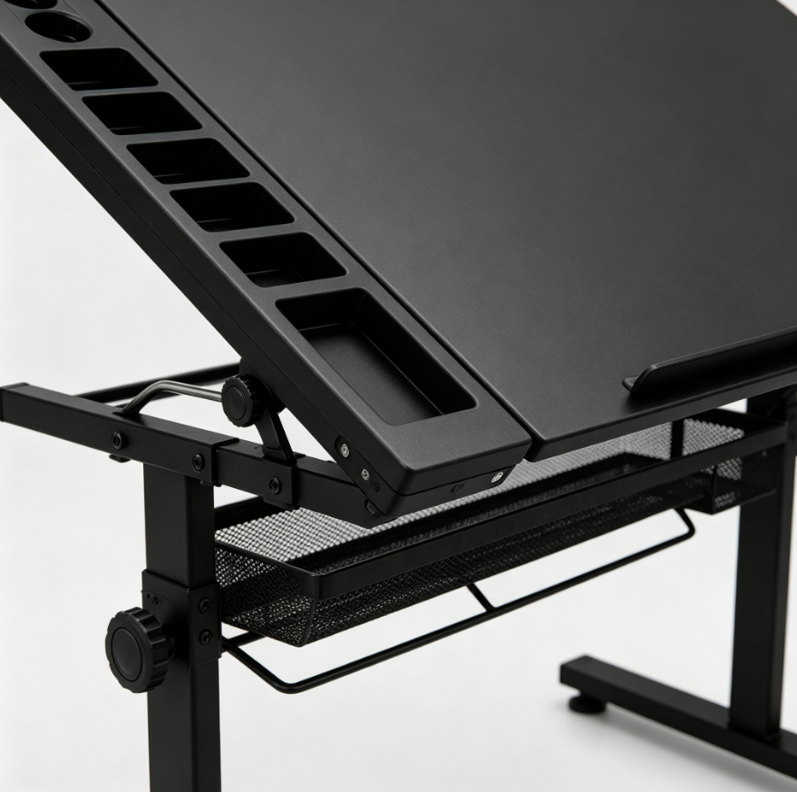 Table à dessin inclinable et réglable en hauteur 90 × 60 cm | Bureau de dessin en métal noir avec rangements intégrés et panier de stockage