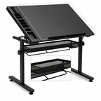 Table à dessin inclinable et réglable en hauteur 90 × 60 cm | Bureau de dessin en métal noir avec rangements intégrés et panier de stockage