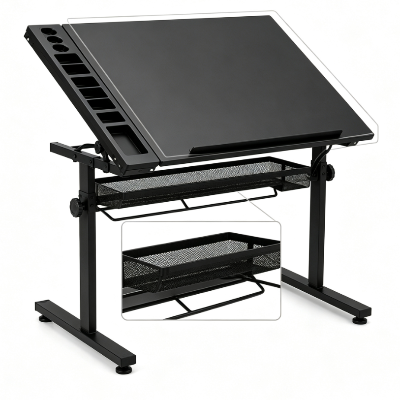 Table à dessin inclinable et réglable en hauteur 90 × 60 cm | Bureau de dessin en métal noir avec rangements intégrés et panier de stockage