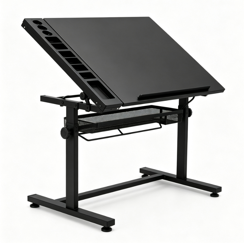 Table à dessin inclinable et réglable en hauteur 90 × 60 cm | Bureau de dessin en métal noir avec rangements intégrés et panier de stockage