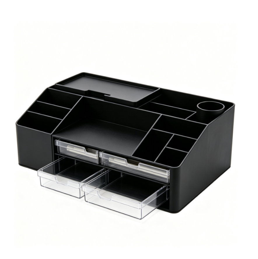 Boîte de rangement pour outils de dessin, organiseur de bureau noir avec tiroirs transparents
