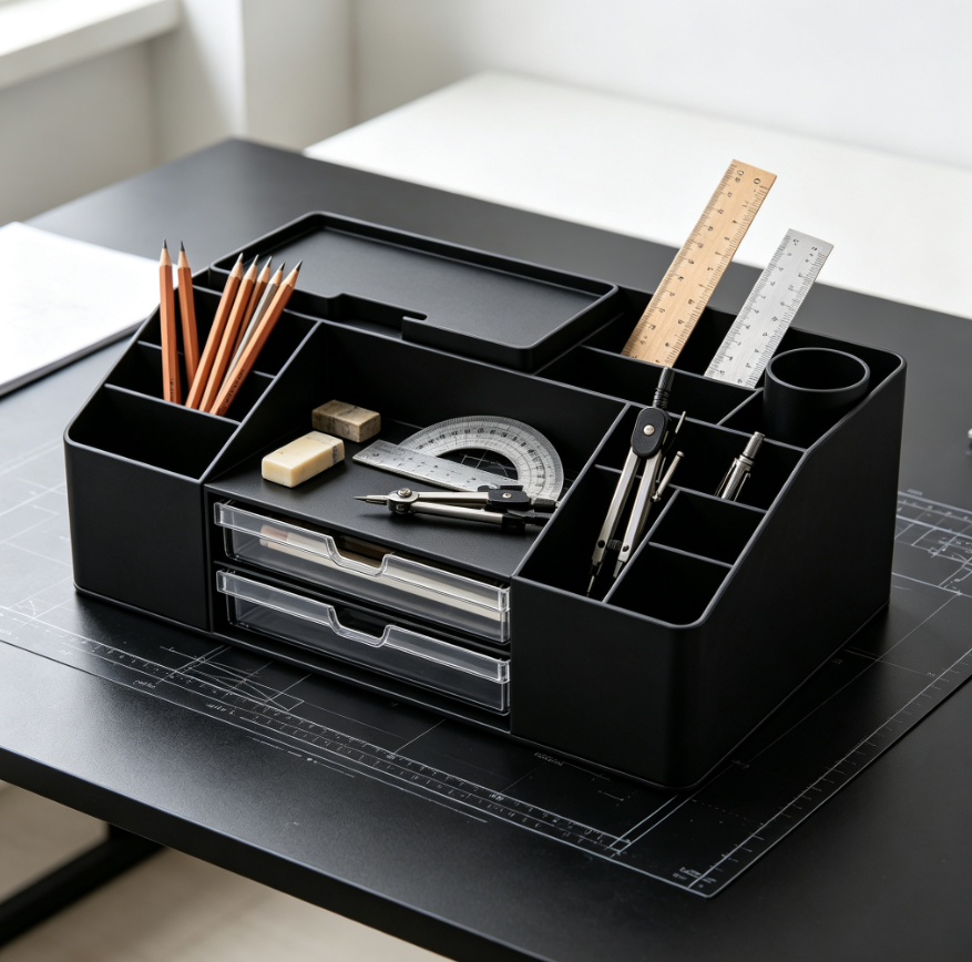 Boîte de rangement pour outils de dessin, organiseur de bureau noir avec tiroirs transparents
