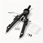Compas de dessin technique professionnel en métal noir, kit avec pointes de rechange et boîte de rangement