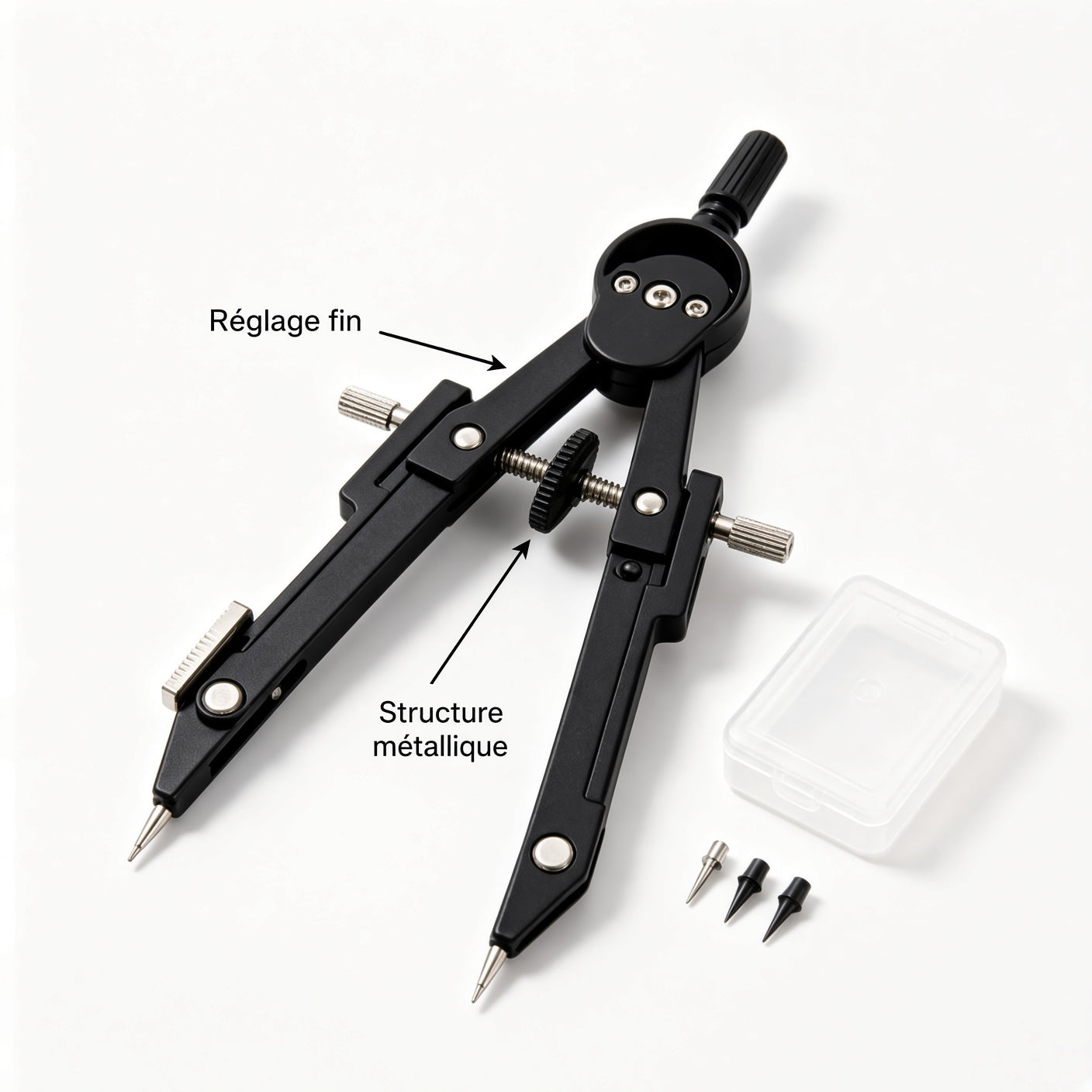 Compas de dessin technique professionnel en métal noir, kit avec pointes de rechange et boîte de rangement