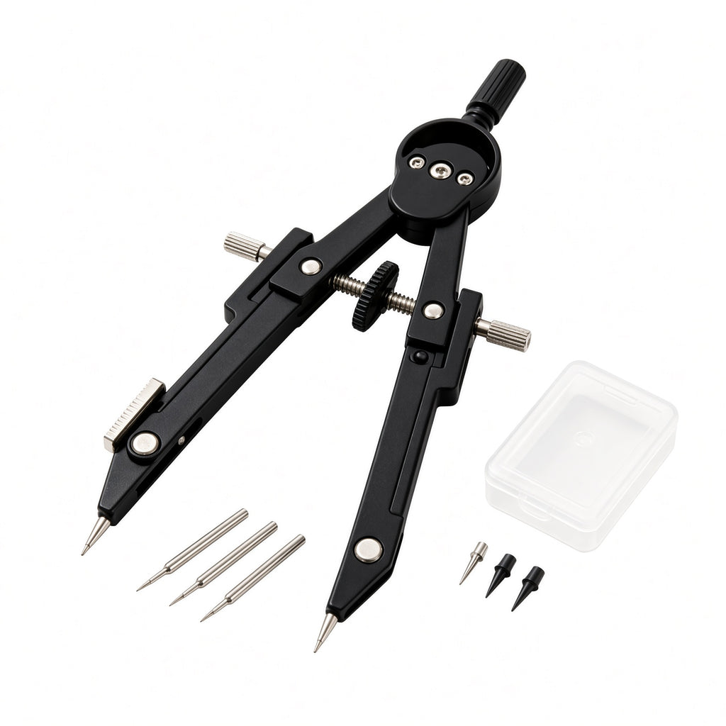 Compas de dessin technique professionnel en métal noir, kit avec pointes de rechange et boîte de rangement