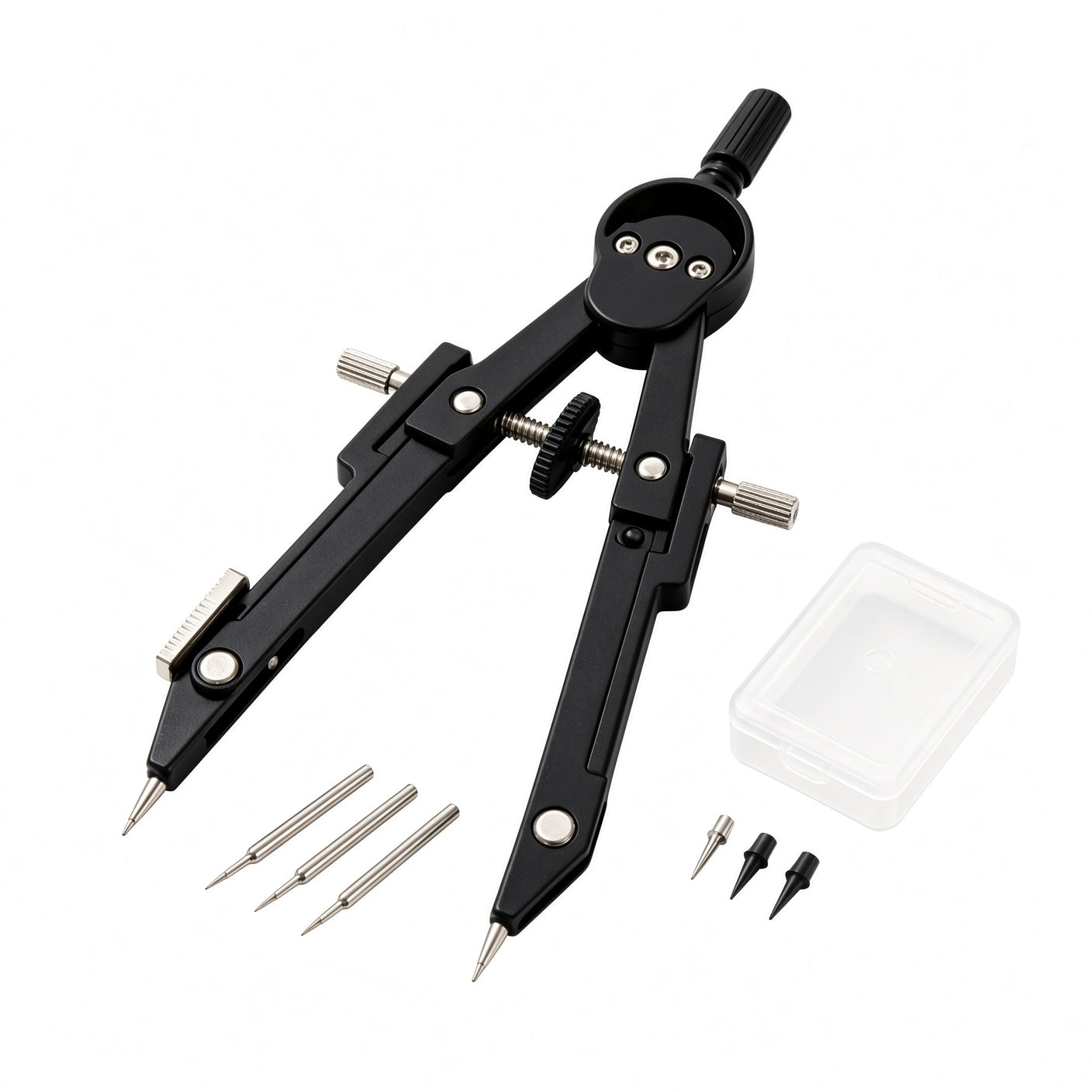 Compas de dessin technique professionnel en métal noir, kit avec pointes de rechange et boîte de rangement