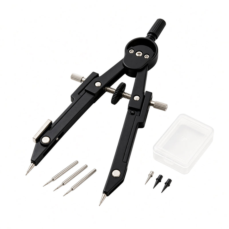 Compas de dessin technique professionnel en métal noir, kit avec pointes de rechange et boîte de rangement