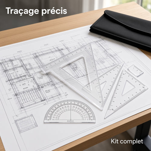 Kit règles de dessin technique transparent, équerres, rapporteur, règle en T, étui tissu noir pour architecture et planification