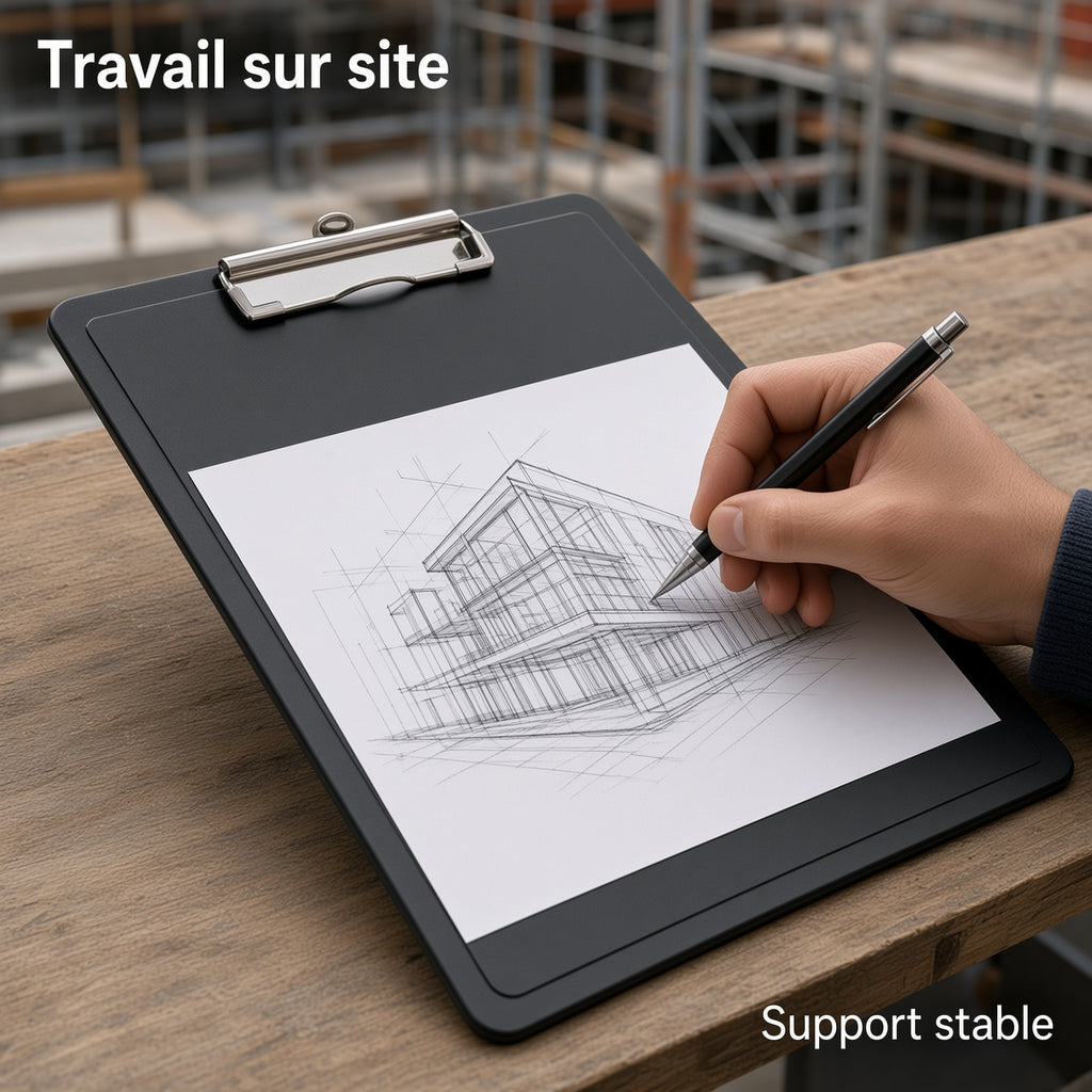 Porte-plan rigide A4 avec pince métallique, planche à dessin noire pour croquis sur site et travail en déplacement