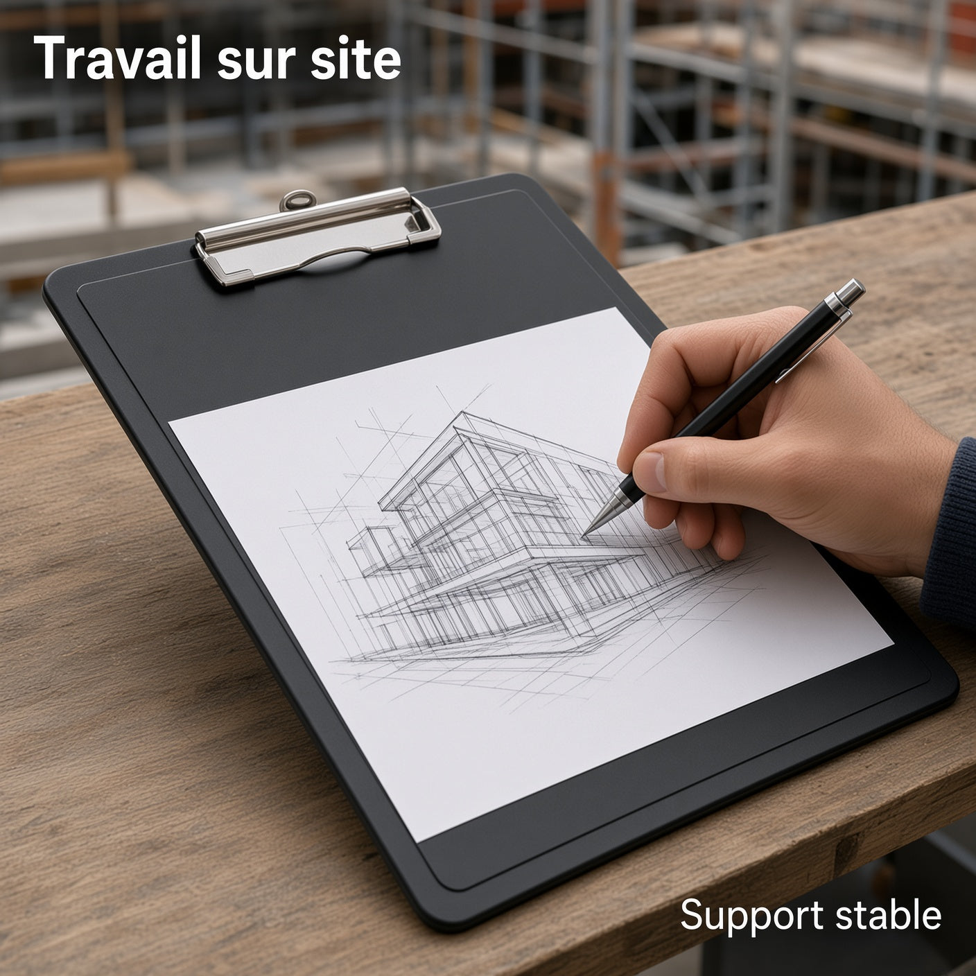 Porte-plan rigide A4 avec pince métallique, planche à dessin noire pour croquis sur site et travail en déplacement