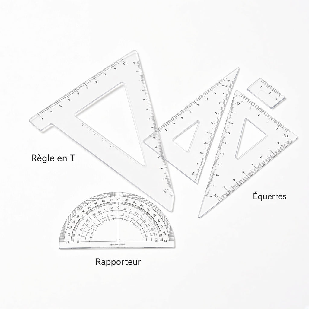 Kit règles de dessin technique transparent, équerres, rapporteur, règle en T, étui tissu noir pour architecture et planification