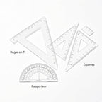 Kit règles de dessin technique transparent, équerres, rapporteur, règle en T, étui tissu noir pour architecture et planification
