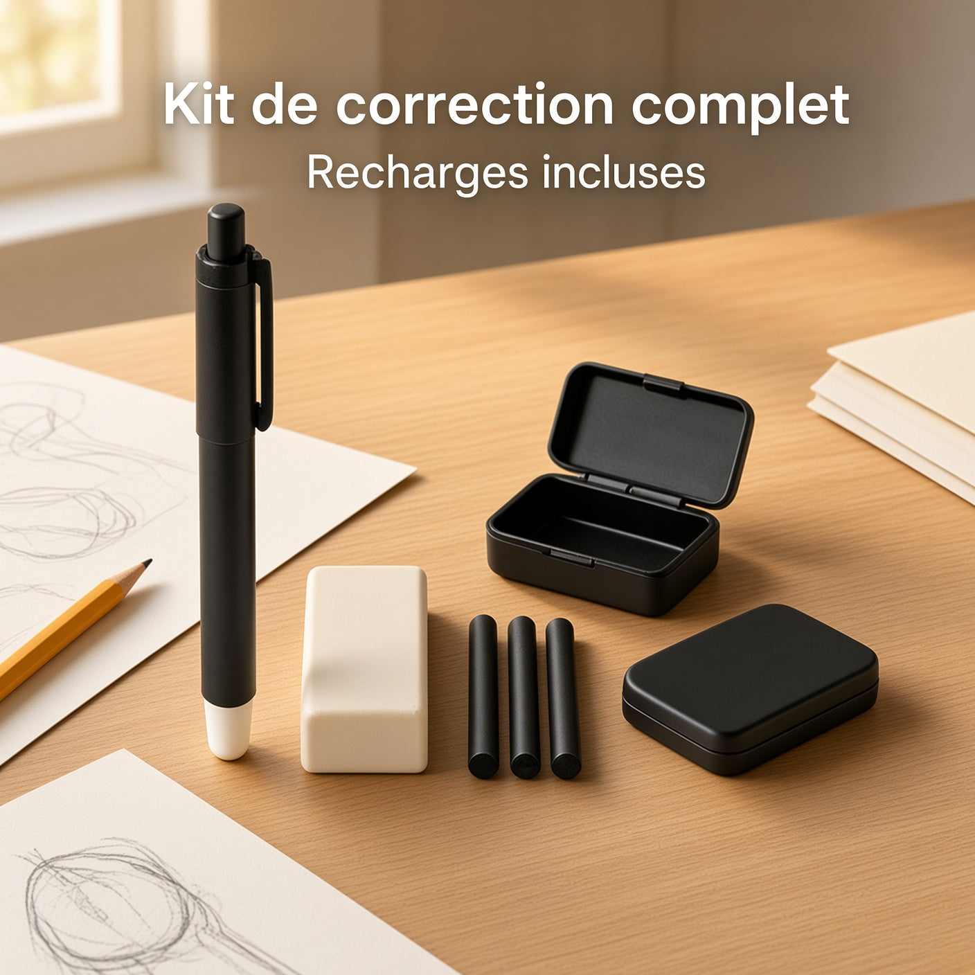 Kit gommes de dessin technique précision, gomme stylo + gomme bloc + recharges, pour architecture et croquis
