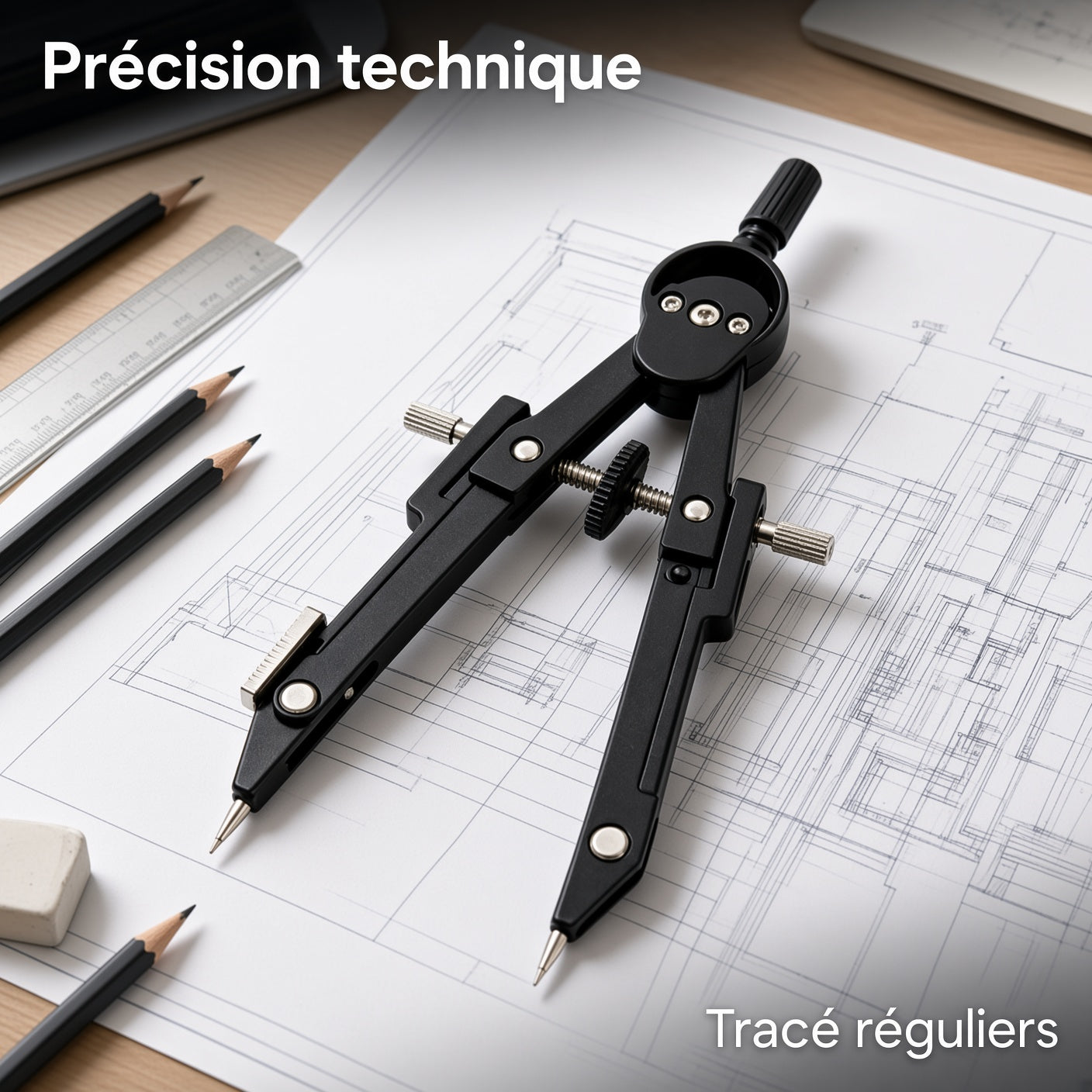 Compas de dessin technique professionnel en métal noir, kit avec pointes de rechange et boîte de rangement